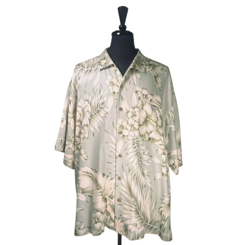 Tommy Bahama Mens XXL Silk Hawaiian Shirt Green Floral Camp Short Sleeve